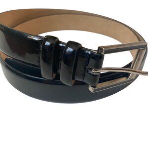 Calvin Klein Black Patent Leather Belt Womens XL Silver Tone Buckle Preppy